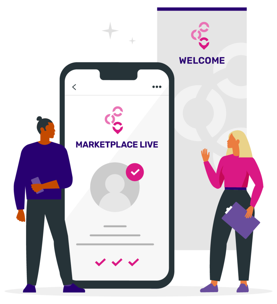 Phone and map illustration with two people using these platforms to connect illustration