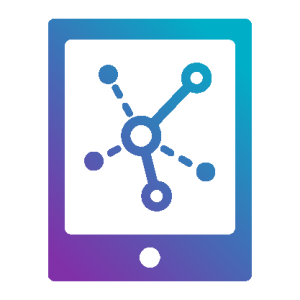 An icon of a tablet or smartphone, shaded in a blue-to-purple gradient, displaying a network/connection diagram (a central node with radiating lines and smaller nodes) on its screen.