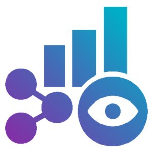 An icon combining three elements: a bar chart with increasing columns, a share/network icon with three connected nodes, and a large circle containing an eye icon, all shaded in a blue-to-purple gradient.
