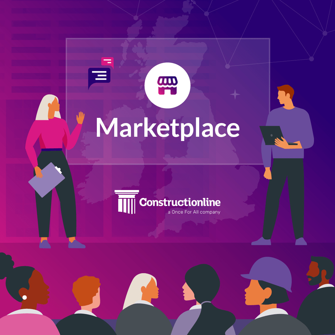 A digital marketplace interface featuring two people engaging. Text highlights "Find" and "Track" among colourful chat bubbles and graphs.