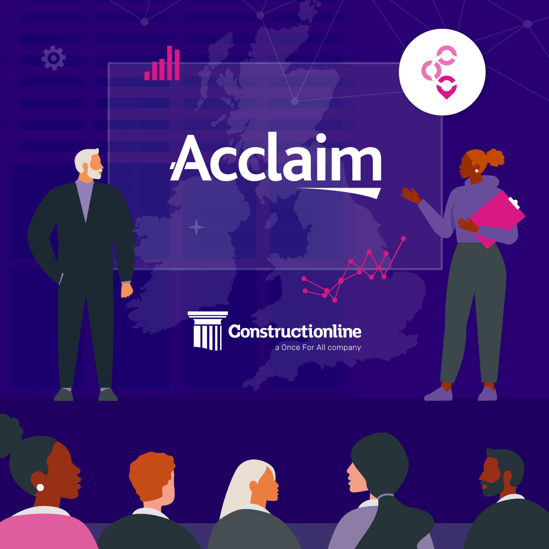 A woman and man discuss Acclaim, with graphics of data charts and documents in a professional setting.