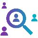 Icon depicting a magnifying glass focusing on a person, surrounded by abstract user silhouettes in purple and blue.