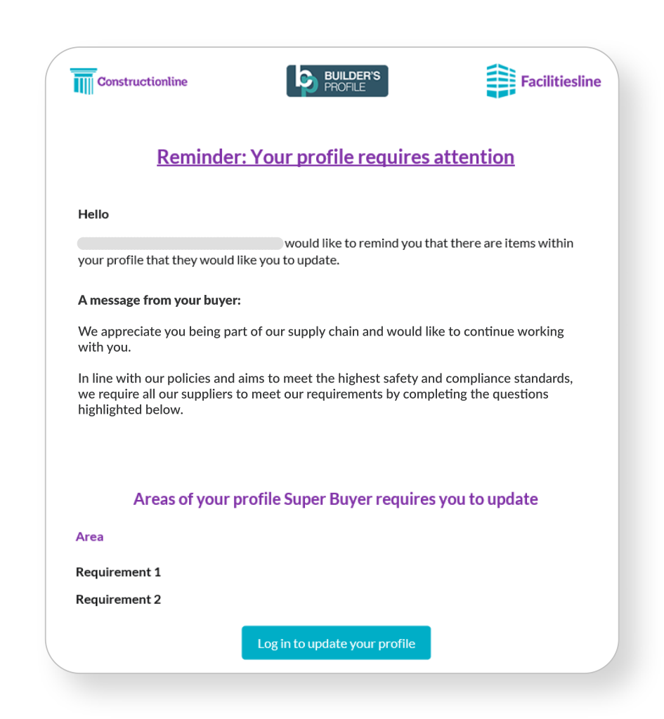 Email reminder for profile update from Constructionline, emphasising compliance and safety requirements from a buyer.