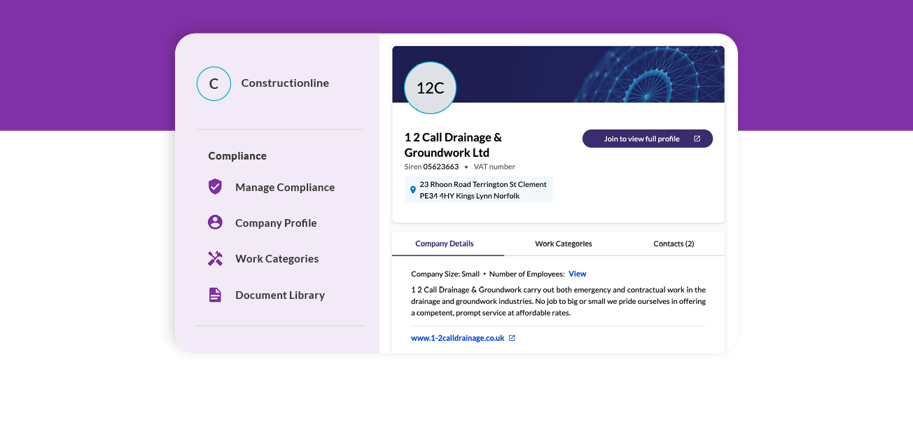 Screenshot of a Constructionline profile for "1 2 Call Drainage & Groundwork Ltd," detailing company info and compliance options.
