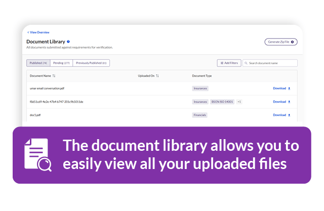 Screenshot of a document library interface displaying uploaded files with options to download and filter by document type.