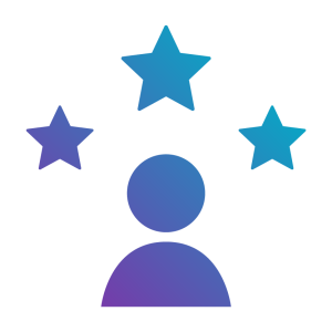 Icon of a person with three stars above their head, symbolizing achievement or recognition in a gradient of blue and purple colors.