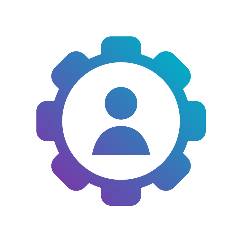 Icon of a person silhouette inside a gear, representing user settings or profile customization in a gradient of blue and purple hues.