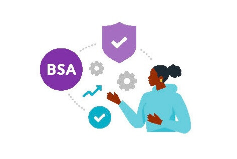 A person in a hoodie gestures toward symbols representing BSA, gears, and checkmarks, illustrating concepts of compliance and efficiency.