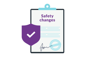 Clipboard icon with a purple shield with a tick on the top to symbolise verification. The title of the clipboard is safety changes