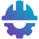 Icon featuring a safety helmet and gear, representing engineering or construction themes in gradient blue and purple colours.