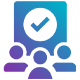Icon representing a group of people below a checkmark in a box, symbolising approval or validation of a collective decision.