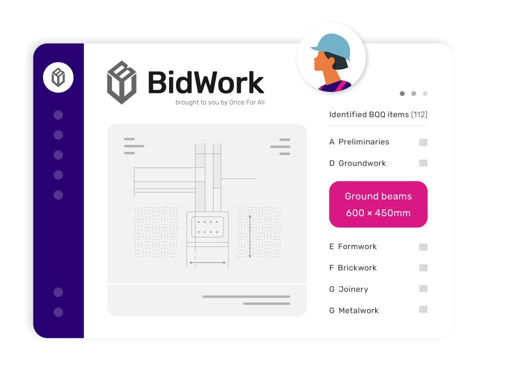 A digital interface for BidWork, displaying identified BQ items, including ground beams sized 600x450mm, with a construction worker icon.