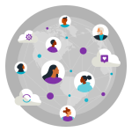 Illustration of a global network connecting diverse individuals with icons representing collaboration, health, and technology.