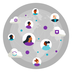 Illustration of a global network connecting diverse individuals with icons representing collaboration, health, and technology.
