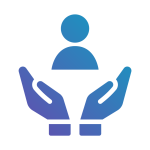 Two hands supporting a person icon, for care and protection in a gradient of blue and purple hues.