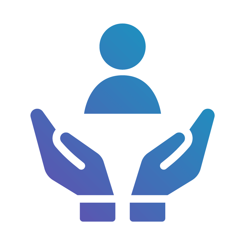 Two hands supporting a person icon, for care and protection in a gradient of blue and purple hues.