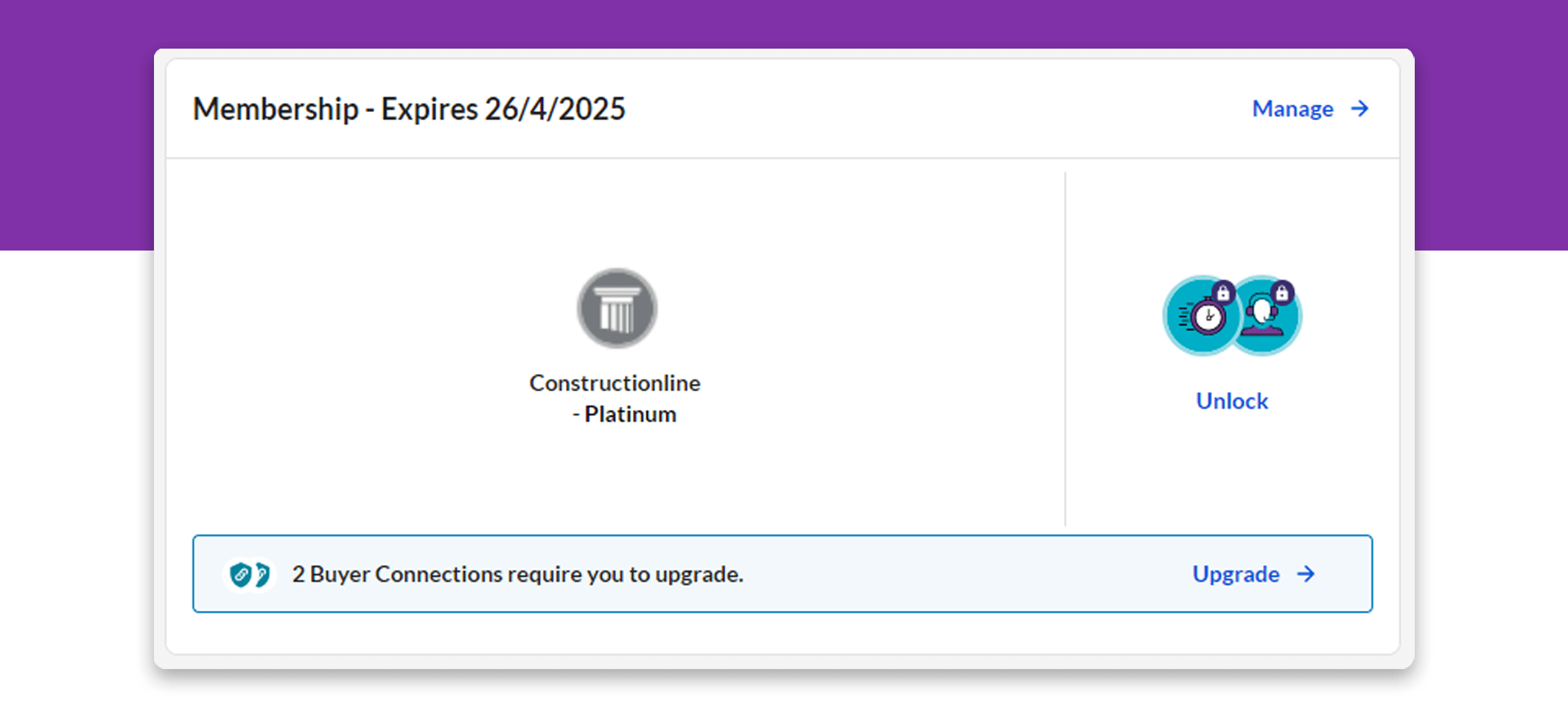 Membership details for Constructionline Platinum; expires on April 26, 2025, with options to manage and upgrade.