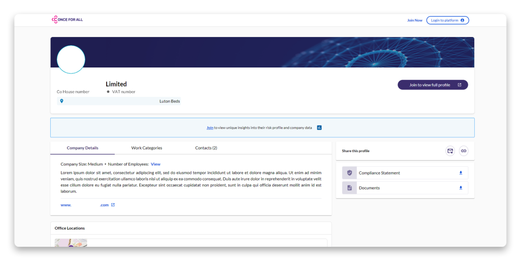Screenshot of a company profile showing the name "Limited," location in Luton Beds, and sections for details, contacts, and compliance documents.
