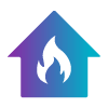 Stylized icon of a house with a flame, featuring a gradient of purple to blue, representing warmth and energy efficiency.