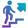 A stylized icon of a person climbing stairs with an upward arrow, symbolizing progress and advancement.