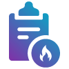 A gradient clipboard icon with a fire symbol, representing a checklist or report related to fire safety or management.