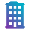 A stylized building icon featuring a gradient of blue to purple colors, representing an urban structure or office space.