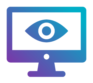 A stylised computer monitor icon featuring a large eye symbol in the centre, representing observation or surveillance.