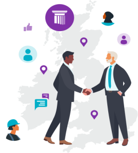 Two business professionals shake hands over a map of the UK, surrounded by icons representing communication and collaboration.