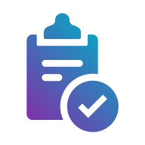 Stylized clipboard with a checkmark, symbolizing task completion and approval, in gradient shades of blue and purple.