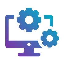 Icon of a computer monitor with two gears, symbolizing technology, settings, and system configuration in a gradient blue and purple design.