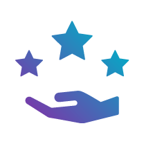 A gradient hand icon supporting three stars, representing care, support, and excellence.