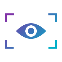 An abstract icon featuring an eye within a frame, showcasing a gradient of blue, purple, and teal colors.