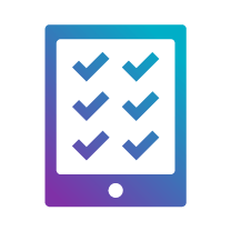 Icon of a tablet displaying multiple checkmarks, representing task completion or a checklist. Gradient colours from blue to purple.