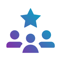 Three stylised figures with a star above them, representing teamwork, leadership, and achievement in a gradient of blue and purple.