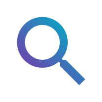Magnifying glass icon in gradient blue and purple, representing search or discovery.