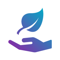 A stylized hand cradling a green leaf, symbolizing care for the environment and sustainability.