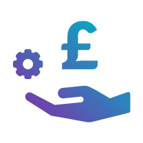Graphic of a hand holding a pound symbol and a gear, representing finance and industry.