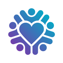 A stylized icon featuring people surrounding a heart, symbolizing community, care, and connection in gradient blue and purple colors.