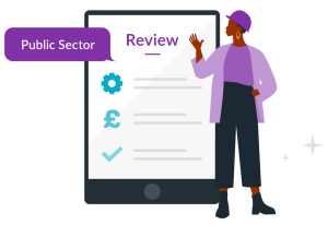 Illustration showing a completed public sector bid on a clipboard being reviewed by a main contractor