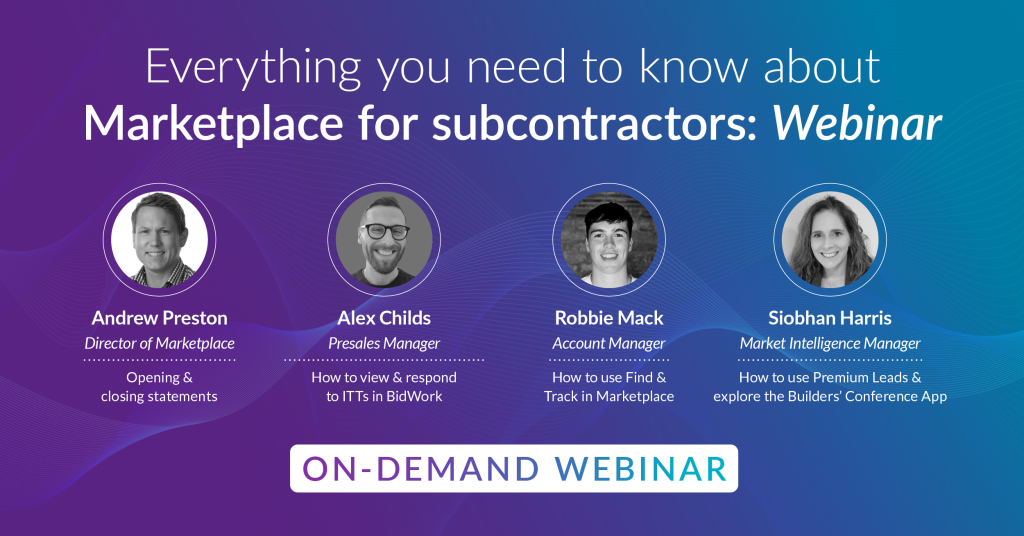 Webinar promotional graphic featuring four presenters and topics on Marketplace for subcontractors, with titles and roles displayed.