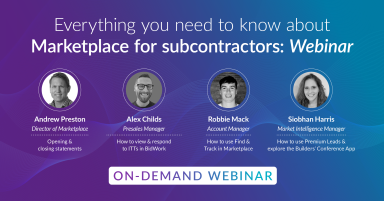 Webinar promotional graphic featuring four presenters and topics on Marketplace for subcontractors, with titles and roles displayed.