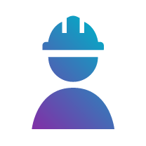 An icon of a worker wearing a safety helmet, illustrated in gradient blue and purple colors, representing construction or labour.