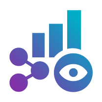 An abstract graphic featuring a bar graph, an eye icon, and molecular shapes in a gradient of blue and purple colours.