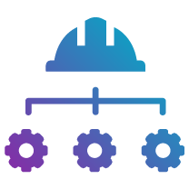 Graphic of a hard hat above a horizontal line with three gears below it, representing construction or engineering concepts.