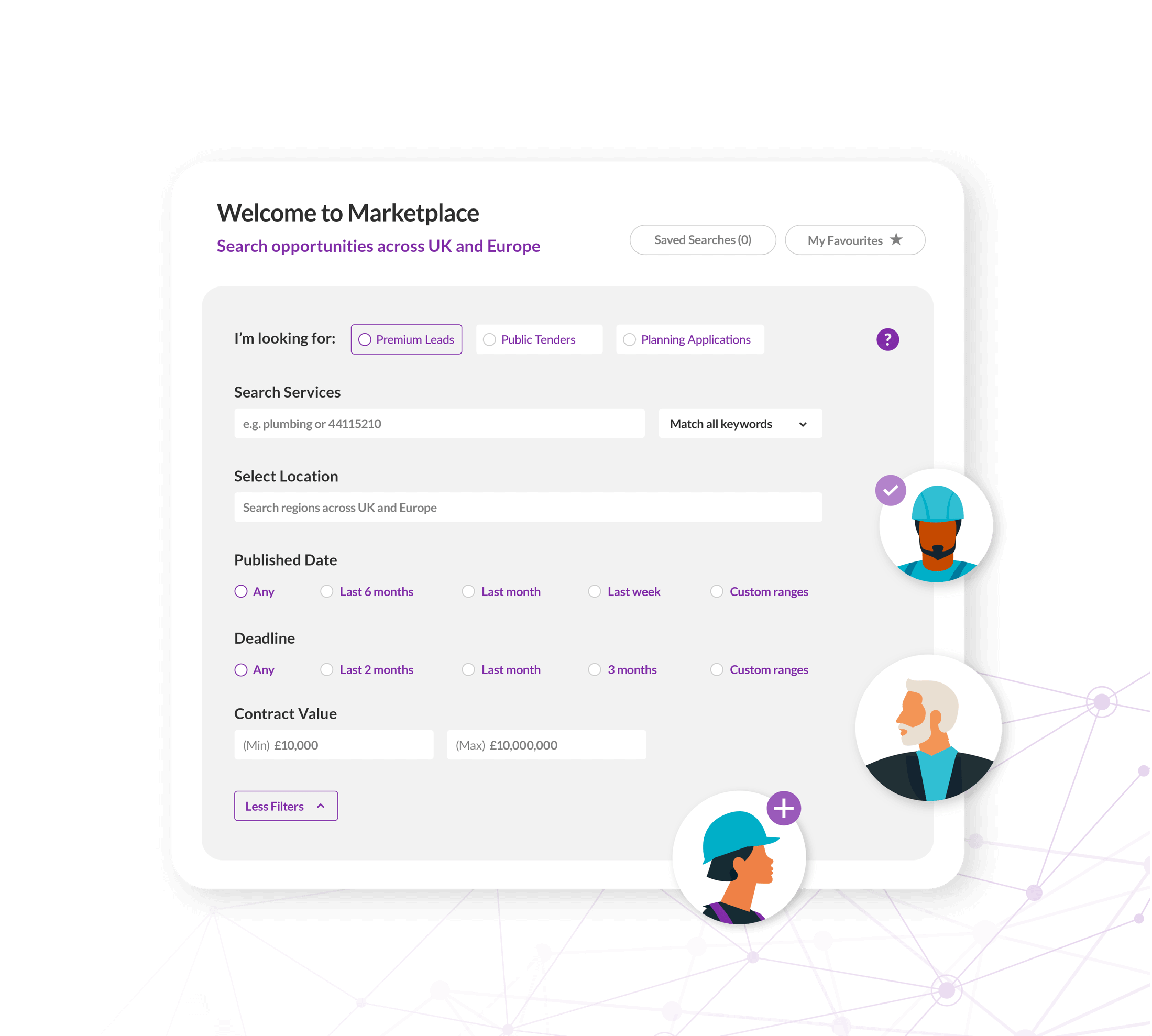 Illustrations showcasing Marketplace for finding construction leads