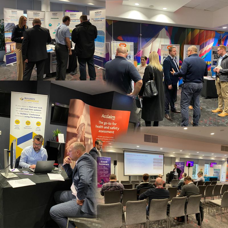 A business event showcasing various booths, networking opportunities, and a seminar presentation in a modern conference space.