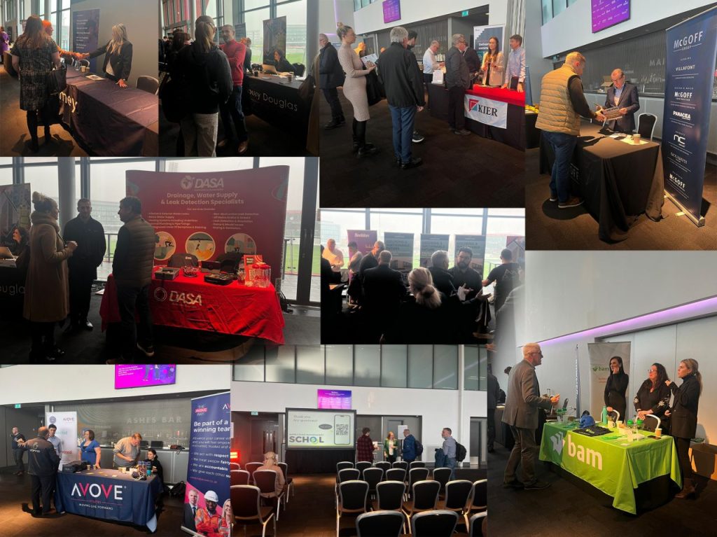 A busy event showcasing various company booths, with attendees engaging in discussions and networking in a modern venue for Marketplace Live.