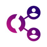 An icon representing user sharing or connectivity, featuring interconnected circular figures in a gradient of purple and pink hues.