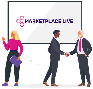A woman with long blonde hair stands with a clipboard, while two men shake hands in front of a "Marketplace Live" banner.