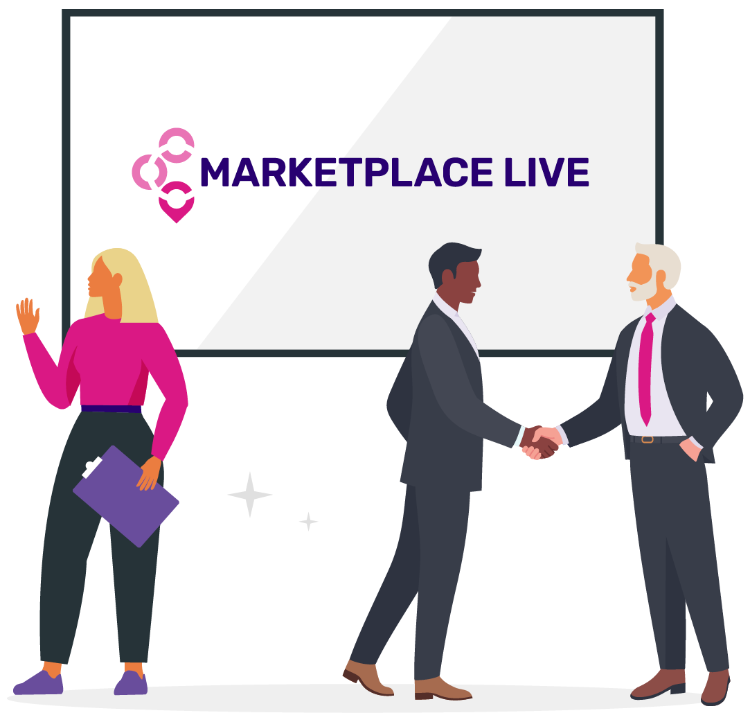 A woman with long blonde hair stands with a clipboard, while two men shake hands in front of a "Marketplace Live" banner.